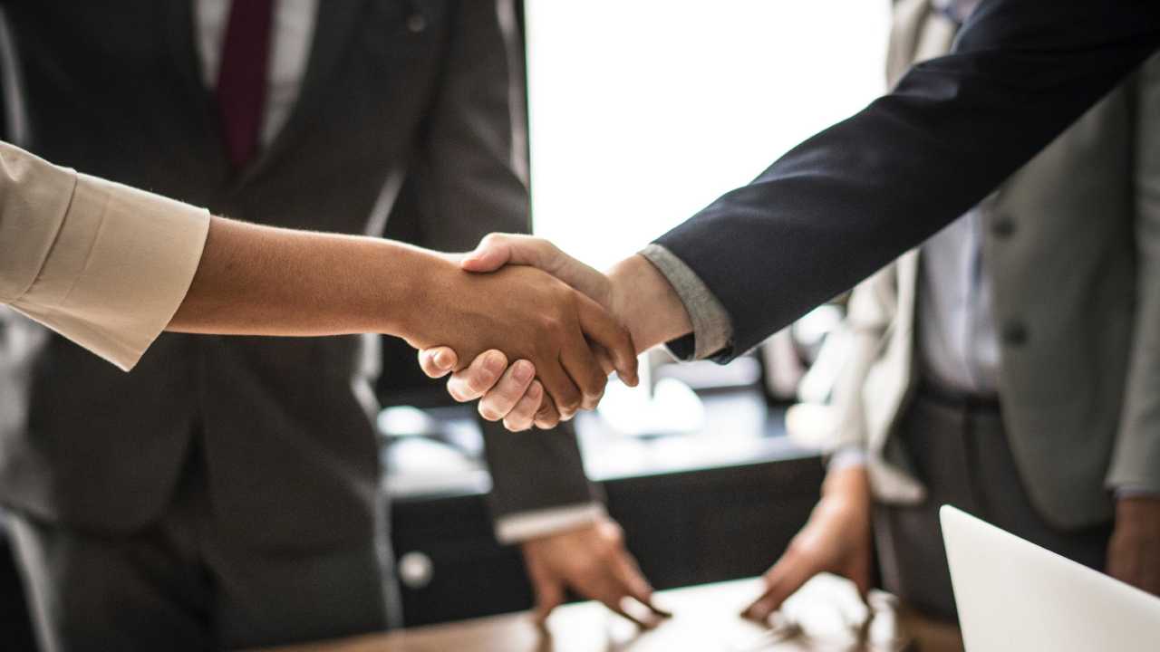 Client and consultant shaking hands illustrating trust